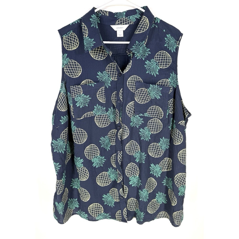 CJ Banks Women's Button Front Tank Pineapples 2X Cotton Stretch Top Pockets EUC